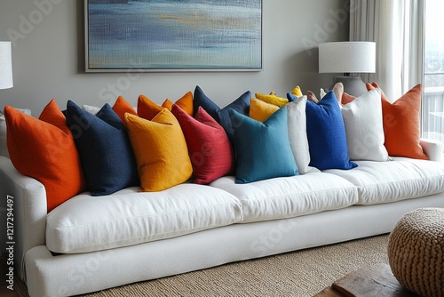 Stylish sofa adorned with colorful cushions in a modern living room setting