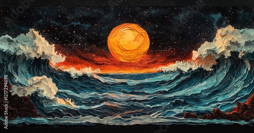 Surrealistic artwork created by assembling torn pieces from old magazines, incorporating images of sea, mountains, forest, and a gravel beach. It reflects Dadaist aesthetics in modern art