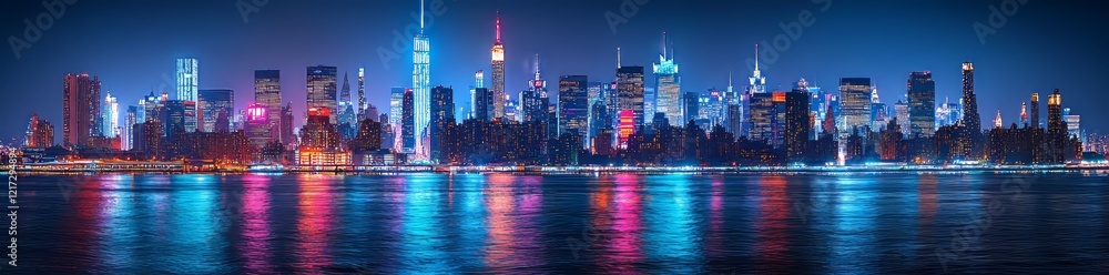 Obraz premium Nighttime view of the Manhattan skyline, New York City, USA
