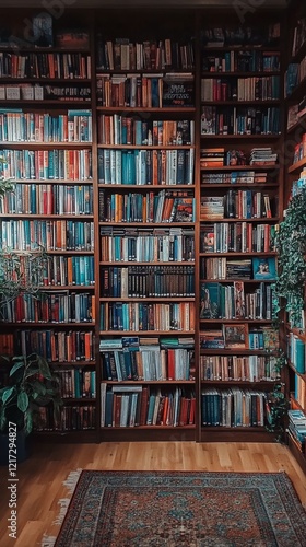 Classic bookshelf filled with vintage books and plants in a cozy interior space