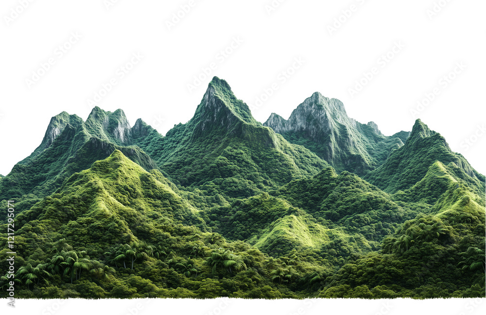 Fototapeta premium a green mountain range with rocky outcrops and lush vegetation isolated on a transparent background
