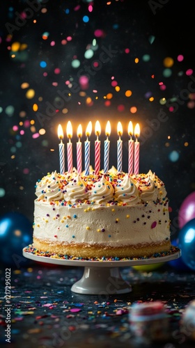 Colorful birthday cake with lit candles surrounded by confetti and balloons i...