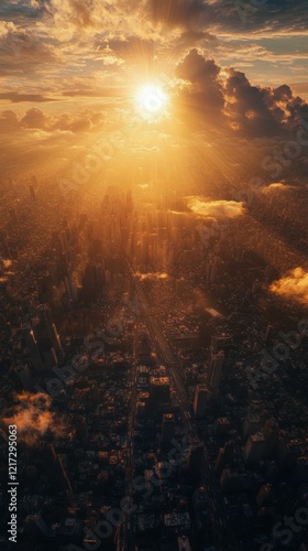 Stunning sunset over city skyline with long road leading into the horizon