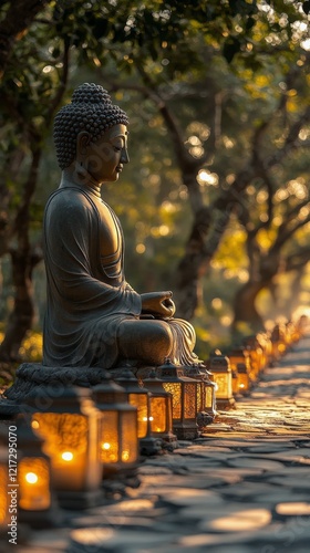 Serene Buddha statue surrounded by glowing lanterns in tranquil setting at dusk