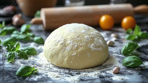 Freshly prepared dough on a marble countertop surrounded by herbs and citrus ...