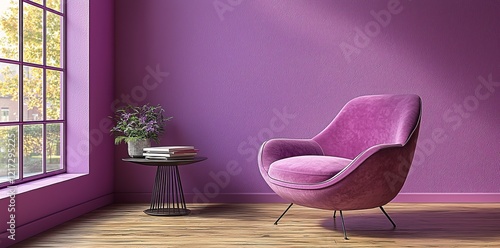 Purple Armchair with Pillow and Side Table, Purple Wall, Interior Design, Living Room, Furniture, purple room, armchair, interior design, home decor