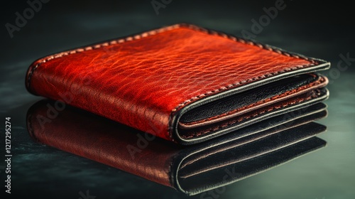 Elegant leather wallet displayed in stylish setting with soft blue lighting