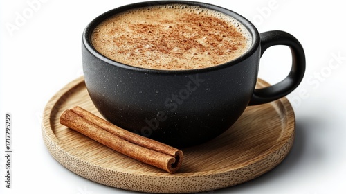 Warm cup of coffee with cinnamon sticks on a wooden surface during a cozy mor...