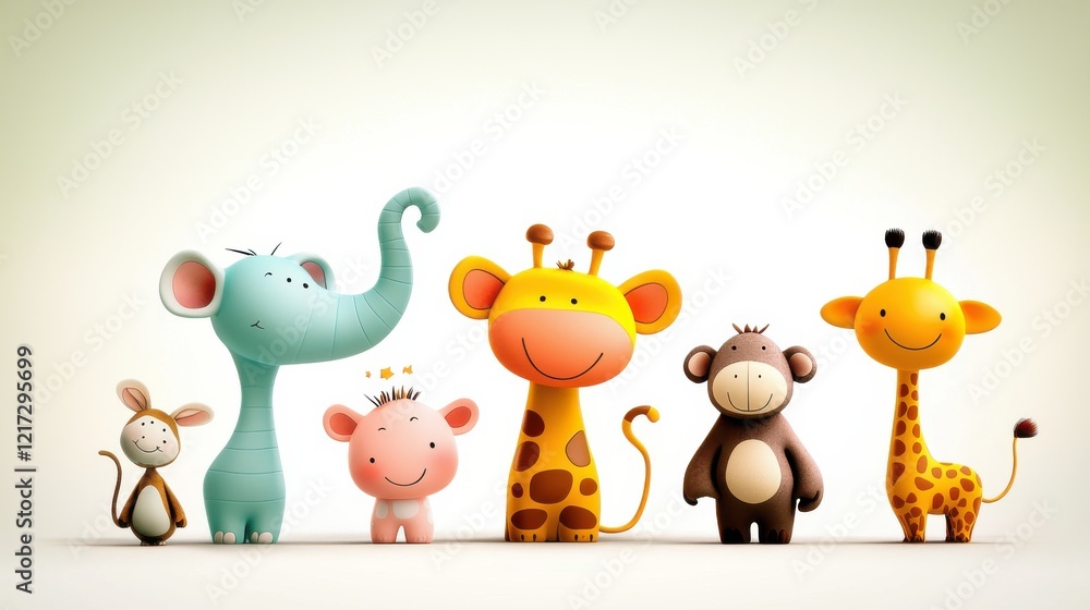 Fototapeta premium Celebrating wildlife icons of six mammals including tiger elephant monkey bear and giraffe in a colorful cartoon style environment