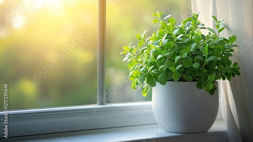 Fresh green herbs in a pot on a windowsill with warm sunlight shining through...