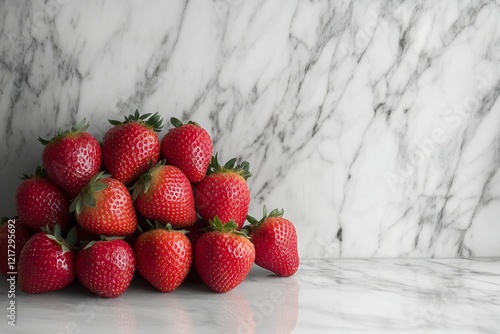 Fresh strawberries arranged on a marble countertop showcasing vibrant red col...