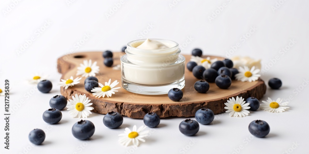 Luxurious face cream, blueberries, and daisies create a spa-like, calming and refreshing scene. Perfect for skincare. Luxurious face cream, blueberries, and daisies create a spa-like, calming and refreshing scene. Perfect for skincare.