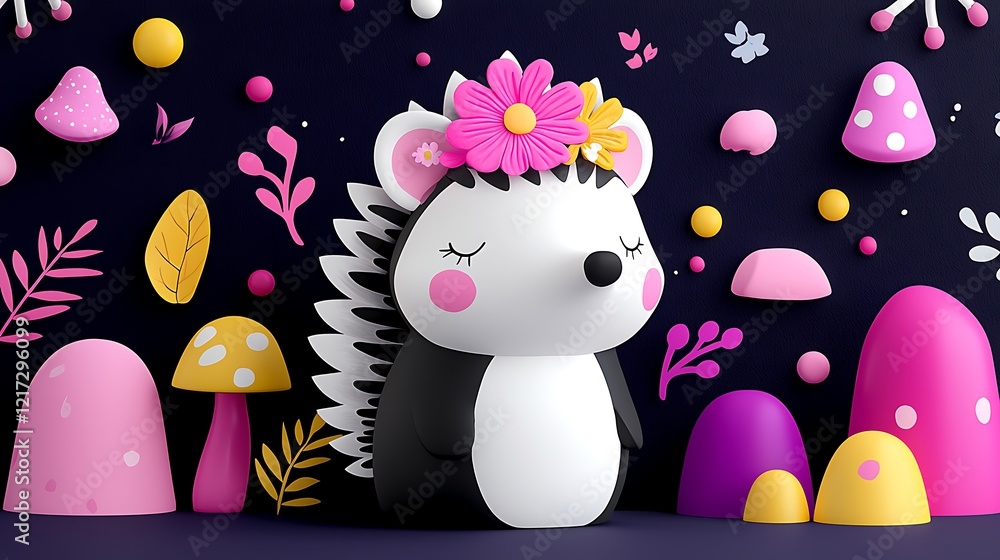 Adorable Cartoon Hedgehog With Floral Crown In A Whimsical Forest Setting Adorable Cartoon Hedgehog With Floral Crown In A Whimsical Forest Setting