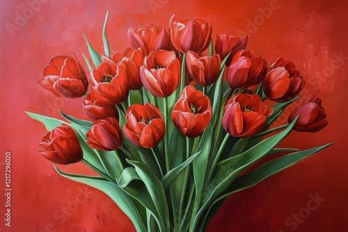 Bright red tulip bouquet against a vibrant red background in a modern floral ...