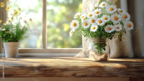 Bright daisies in a jar on a rustic table surrounded by nature at sunset