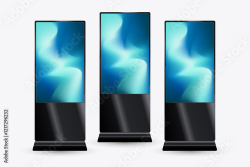 Three mock up of modern LED TV Screens with gradient blue screen. and three Vertical Led Displays for technology LED Screens Mockup in 3Ds. editable LED.