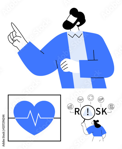 Wallpaper Mural Man pointing upward, heart monitor graphic, and risk analysis elements. Ideal for healthcare, risk management, insurance, business strategy, safety awareness, decision-making abstract line flat Torontodigital.ca