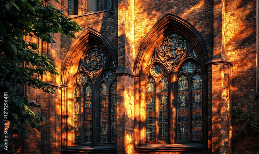 Gothic church windows, sunset light, brick wall, foliage Gothic church windows, sunset light, brick wall, foliage