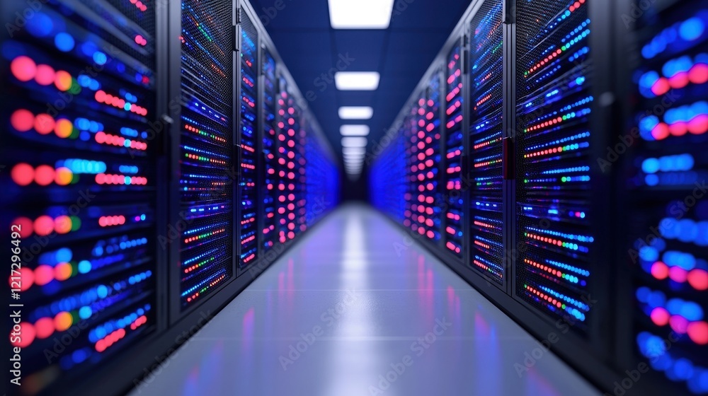 Obraz premium Row of computer servers in a data center with big data networking infrastructure visible