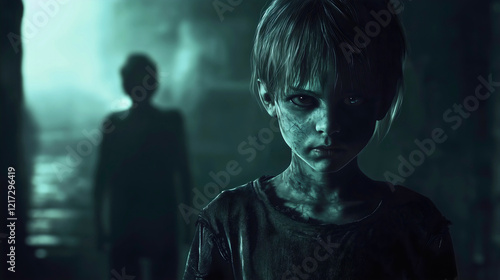 A cursed, possessed demonic child wandering through various haunted villages, the eerie child surrounded by a ghostly fog, with its terrifying demon lurking behind.