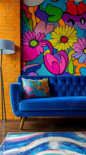 Vibrant blue sofa against colorful abstract wall design in modern interior space