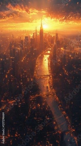 Stunning sunset over city skyline with long road leading into the horizon