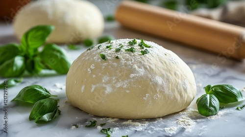 Freshly prepared dough on a marble countertop surrounded by herbs and citrus ...