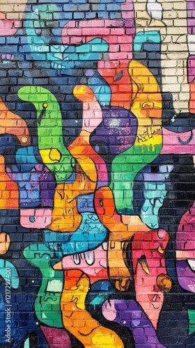 Colorful street art merges vibrant patterns on urban brick wall with green pl...