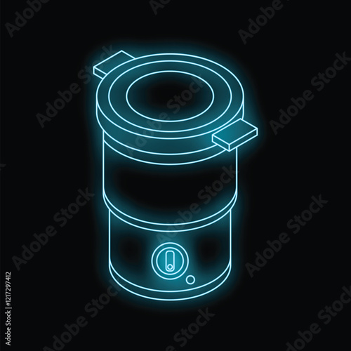 Neon icon of a modern electric multicooker glowing blue against a black background