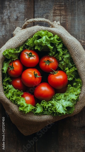 Fresh tomatoes and green lettuce in a burlap sack on a wooden table