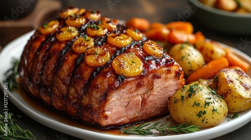 Perfectly roasted meat served with vegetables and citrus in a cozy dining set...