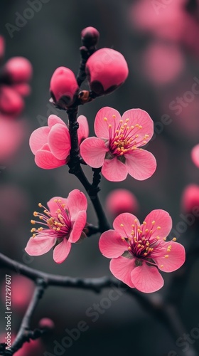 Vibrant pink flowers blooming on a branch in a sunny garden during springtime