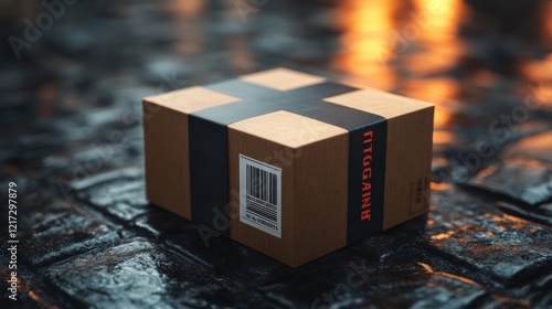 Cardboard box ready for shipment at a warehouse loading area during daylight ...