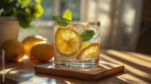 Refreshing lemon mint drink served on a wooden table in a sunlit kitchen