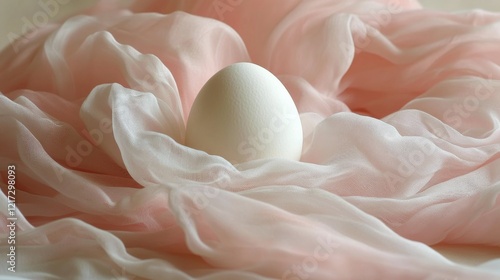 Simple white egg resting on soft, pale fabric in a serene setting