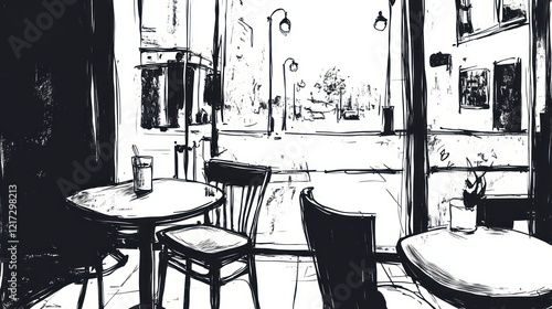 Cafe Interior View of City Street, sketch style, possible stock photo use photo