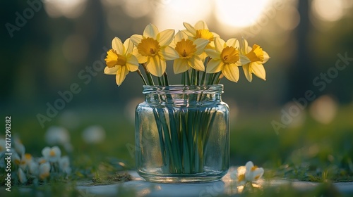 Daffodils blooming in a glass jar amidst a sunlit garden during springtime