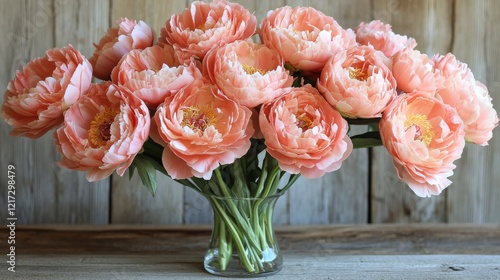 Bright pink peonies arranged in a ceramic vase on a rustic wooden table