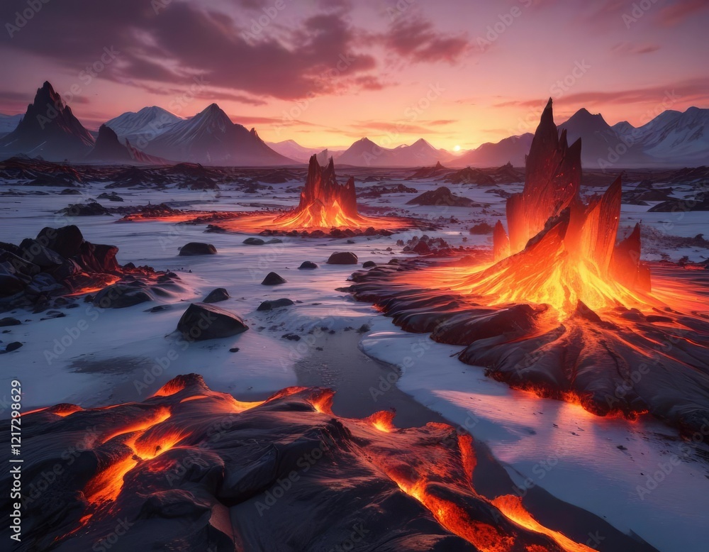 Fototapeta premium Glowing lava flows across a frozen tundra at sunset, glowing hot rock, lava flow