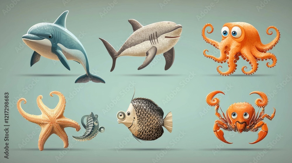Obraz premium Exploring marine life iconic dolphin shark octopus crab and starfish designs underwater graphics digital art ocean environment creative perspective