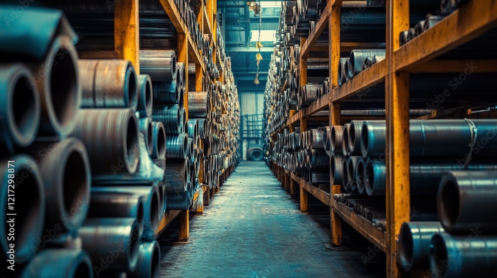 Fototapeta premium Metal pipes and tubes stacked in warehouse.