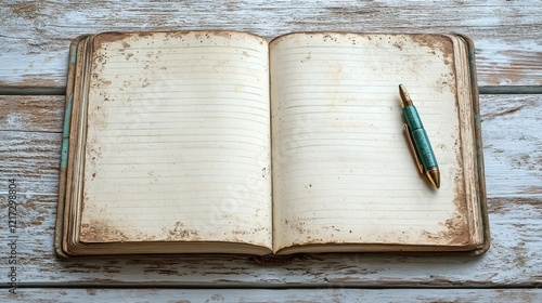 Open aged notebook with a pen on a rustic wooden surface ready for writing id...