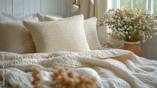 Cozy bedroom setting with soft blanket and textured pillow on the bed
