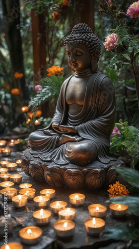 Serenity and tranquility captured in a peaceful garden with candles and a Bud...