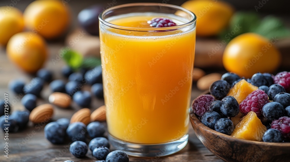 Refreshing fruit juice with mixed berries and nuts on a rustic table setting Refreshing fruit juice with mixed berries and nuts on a rustic table setting