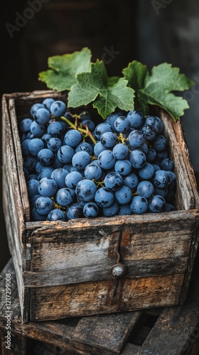 Freshly harvested grapes in a rustic wooden crate with green leaves