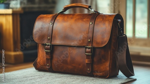 Stylish brown leather messenger bag on soft textured background in warm tones