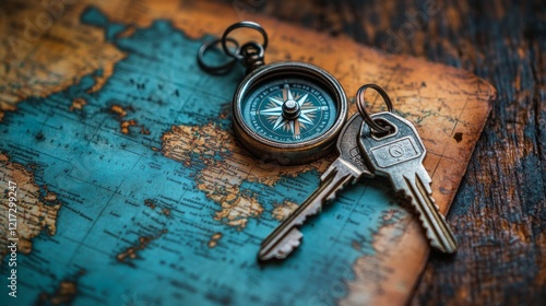 Travel essentials on a map showing destinations and navigation tools for adve...