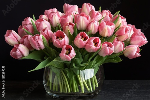 Beautiful bouquet of pink tulips arranged in a clear glass vase on a simple b...