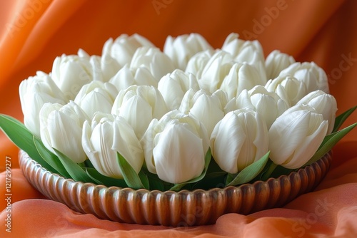 Beautiful white tulip bouquet on vibrant orange fabric